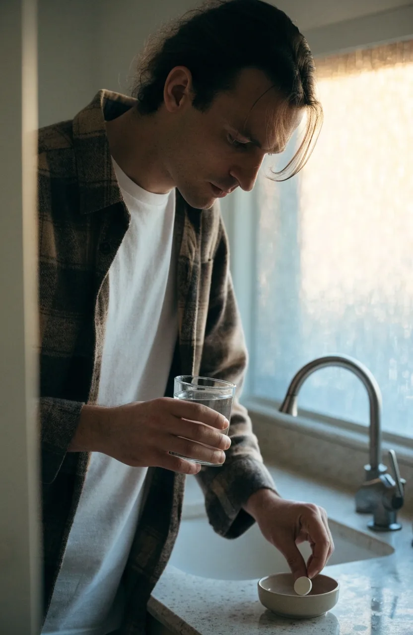 A man's hands at a morning counter with a small tray of tablets and a glass of water