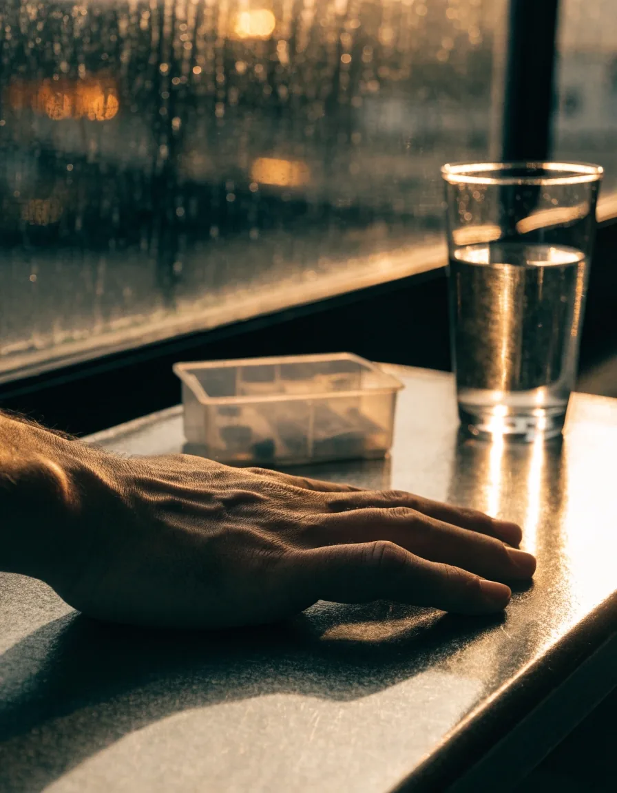 Rain-streaked Jakarta window at night with a bench edge and small tray in the foreground