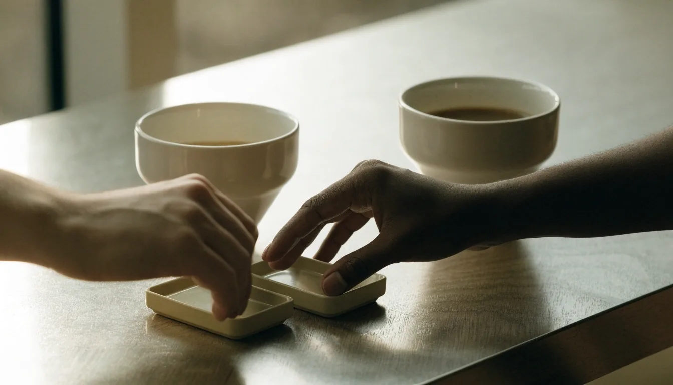 Two hands reaching for separate small tablet trays beside two cups on a breakfast table