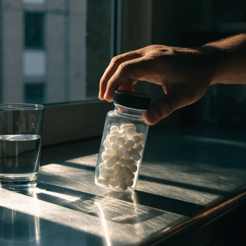 A man's hands turning an unbranded supplement bottle above a kitchen counter