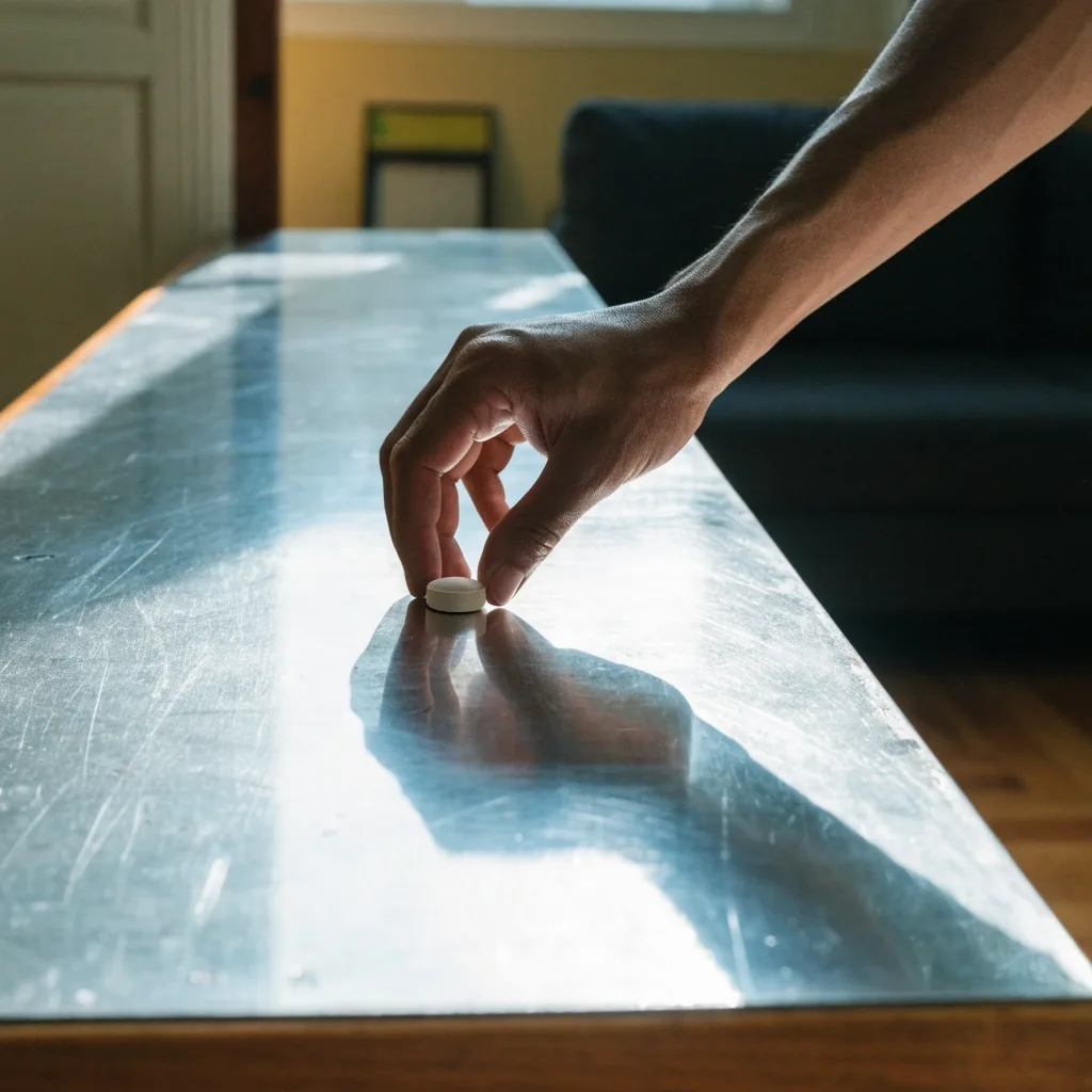 A single multivitamin tablet on a bare zinc bench under raking overhead light
