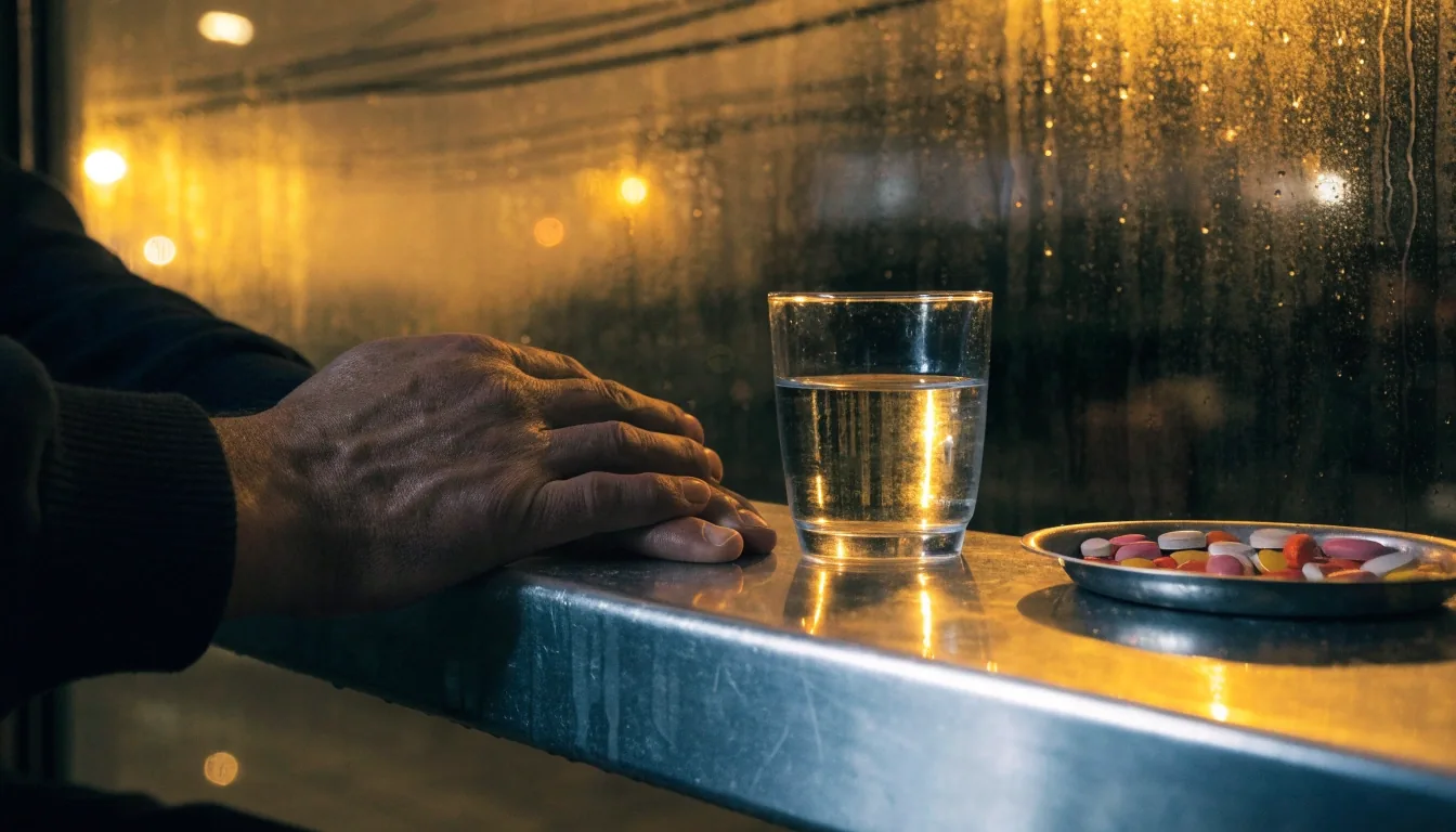 A man's hands resting on a zinc bench beside a water glass and a small tray of supplement tablets under warm evening light